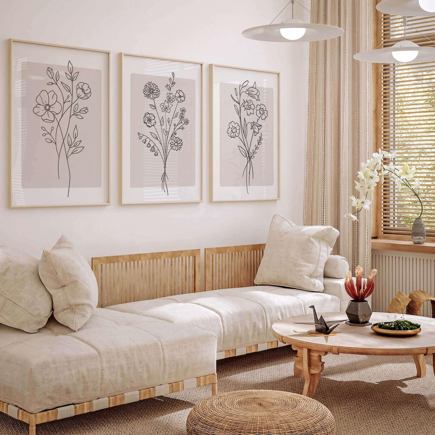 Minimalist Floral Line Art Print, Beige Boho Wall Art, Neutral Living Room Decor