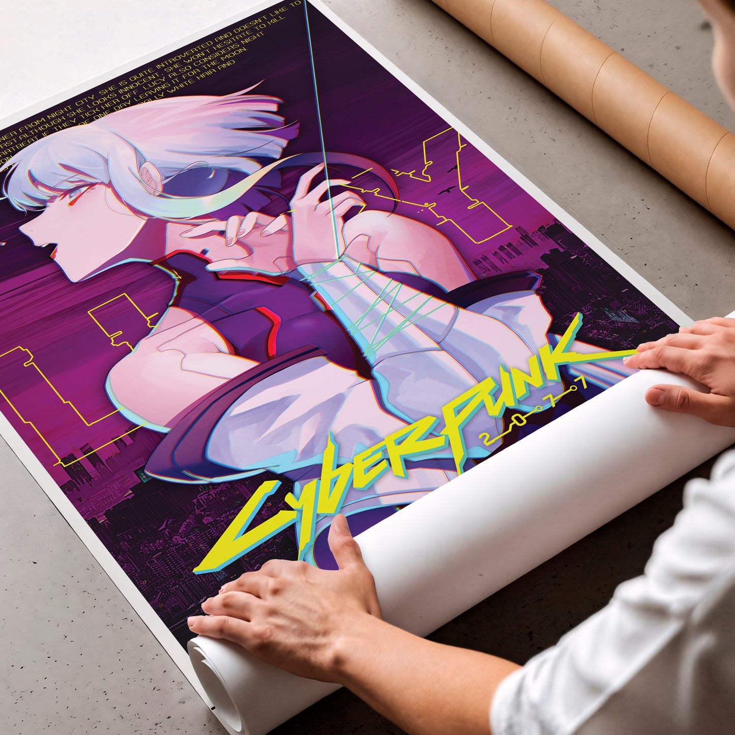 Cyberpunk Anime Girl Poster, Futuristic City Night Wall Art, Neon Sci Fi Print