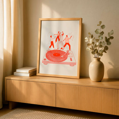 Modern Music Illustration Print, Dancing Figures On Turntable, Vinyl Culture Artwork