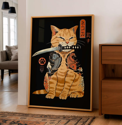 Samurai Cat Art Print, Japanese Tattoo Style, Ukiyo-e Warrior, Home Decor