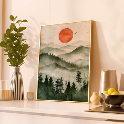 Japanese Zen Landscape Poster, Misty Mountain Illustration, Minimal Nature Artwork