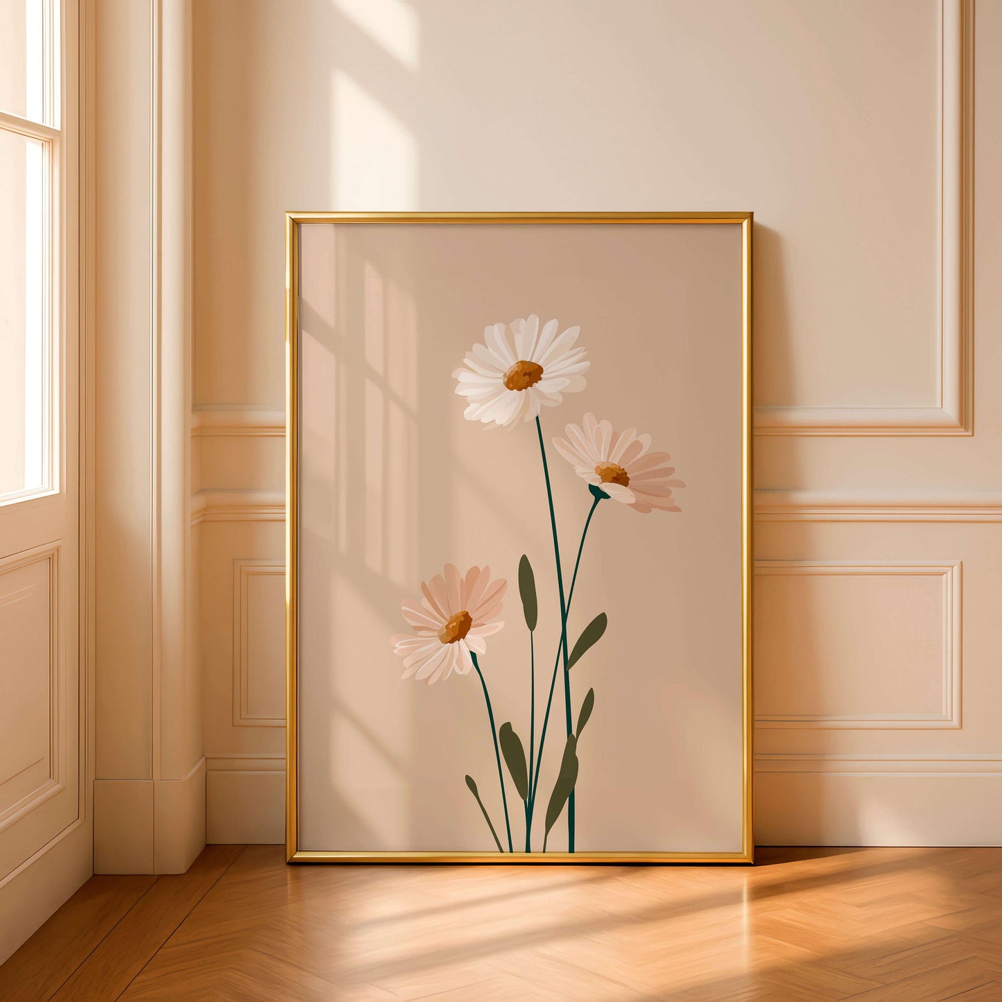 Minimal Botanical Flower Print, Soft Neutral Daisy Illustration, Calm Modern Decor For Light Interiors
