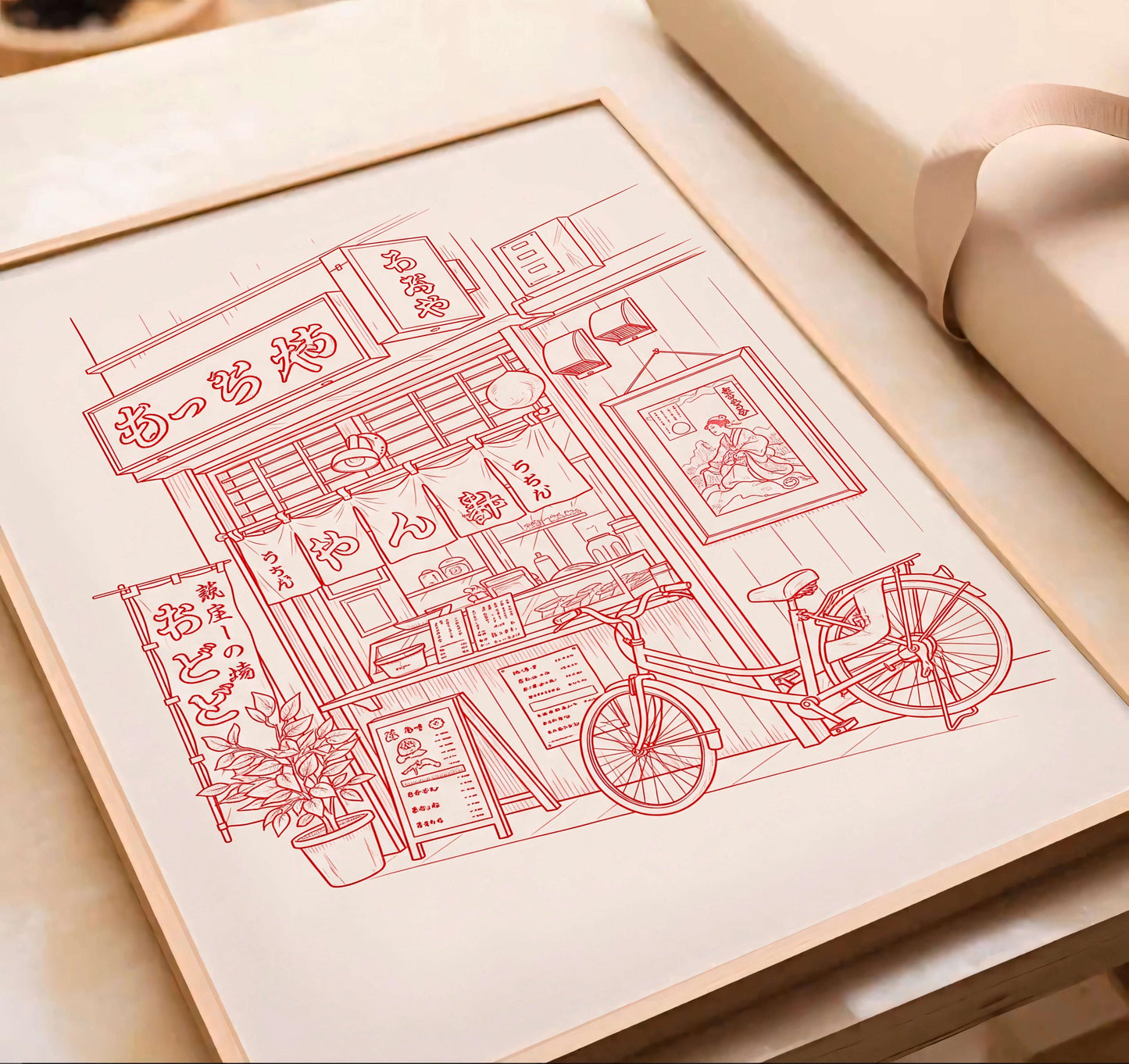 Vintage Ramen Shop Line Art Poster, Japanese Street Food Print