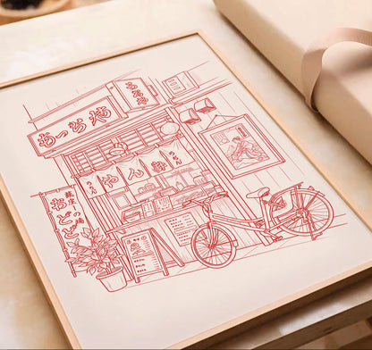 Vintage Ramen Shop Line Art Poster, Japanese Street Food Print