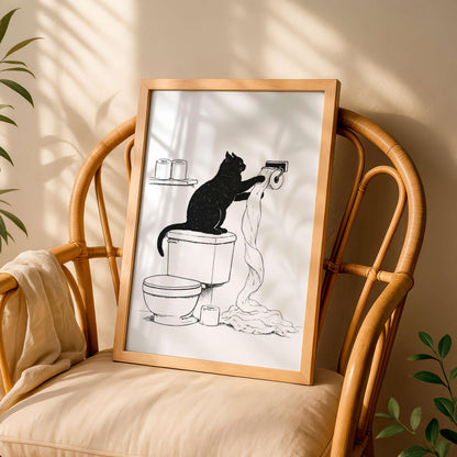 Funny Cat Bathroom Illustration Minimal Toilet Wall Art