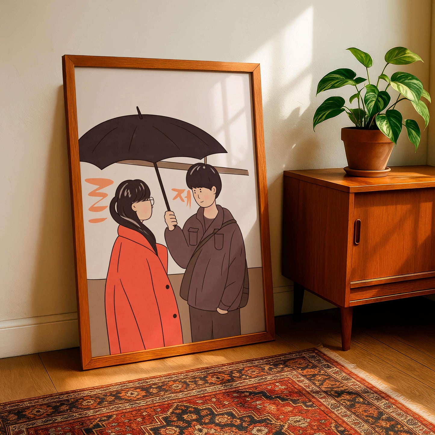Romantic Couple Under Umbrella Art Print, Anime Style, Art Japannese