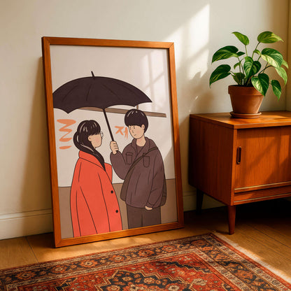 Romantic Couple Under Umbrella Art Print, Anime Style, Art Japannese