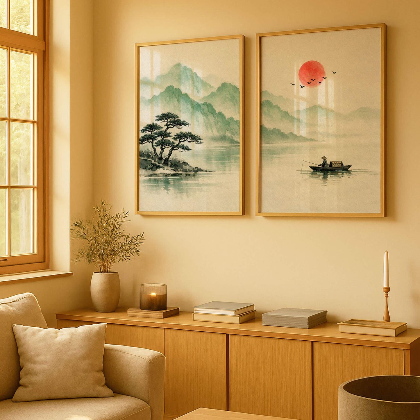 Japanese Zen Landscape Art Prints, Sumi Ink, Misty Mountains