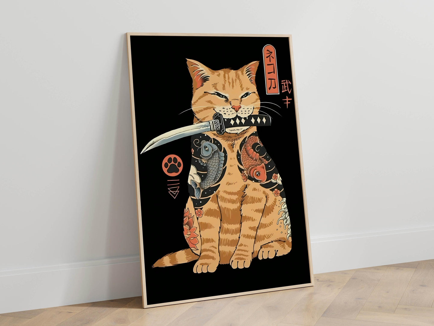 Samurai Cat Art Print, Japanese Tattoo Style, Ukiyo-e Warrior, Home Decor