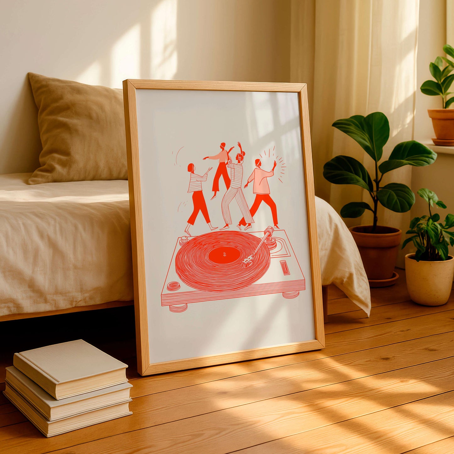 Modern Music Illustration Print, Dancing Figures On Turntable, Vinyl Culture Artwork