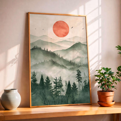 Japanese Zen Landscape Poster, Misty Mountain Illustration, Minimal Nature Artwork