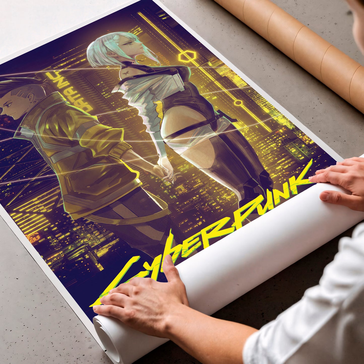 Cyberpunk Couple Poster, Futuristic City Night Wall Art, Neon Sci Fi Print