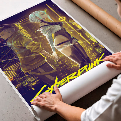 Cyberpunk Couple Poster, Futuristic City Night Wall Art, Neon Sci Fi Print
