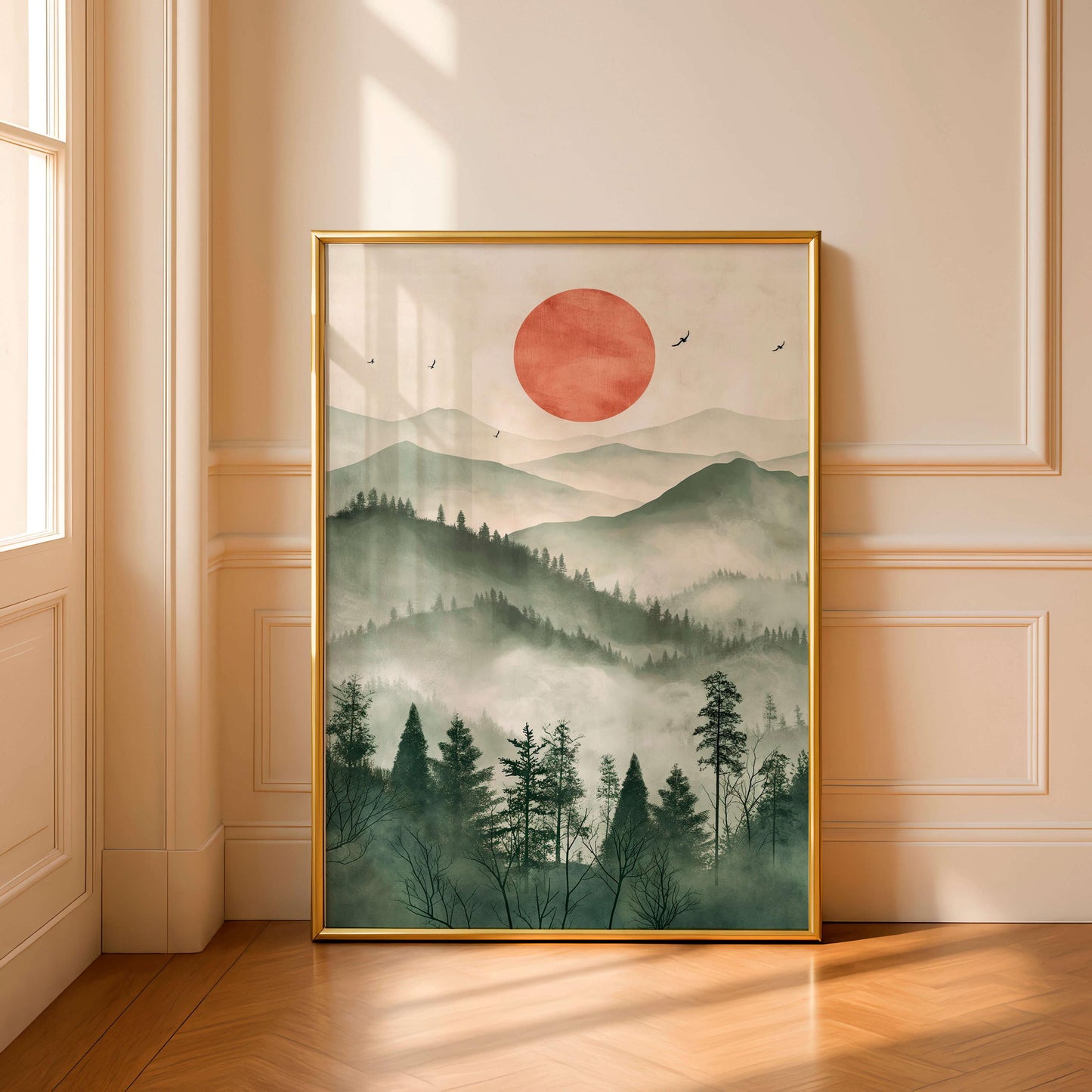 Japanese Zen Landscape Poster, Misty Mountain Illustration, Minimal Nature Artwork
