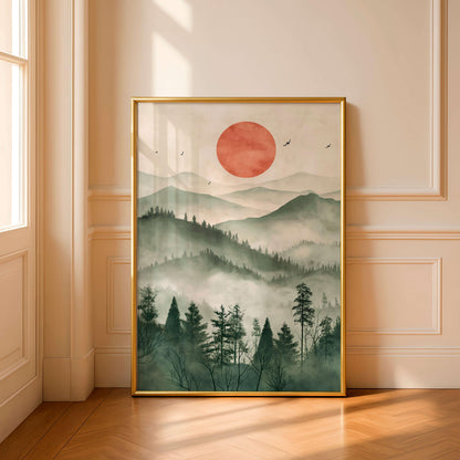 Japanese Zen Landscape Poster, Misty Mountain Illustration, Minimal Nature Artwork