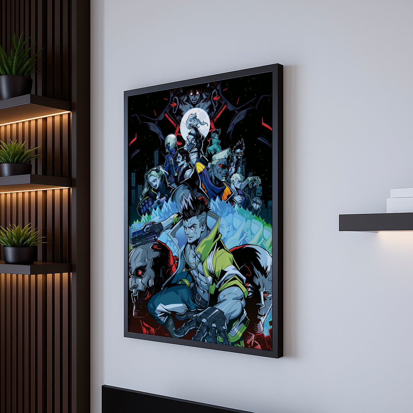 Cyberpunk Anime Squad Poster, Dark Neon City Wall Art, Futuristic Sci Fi Print