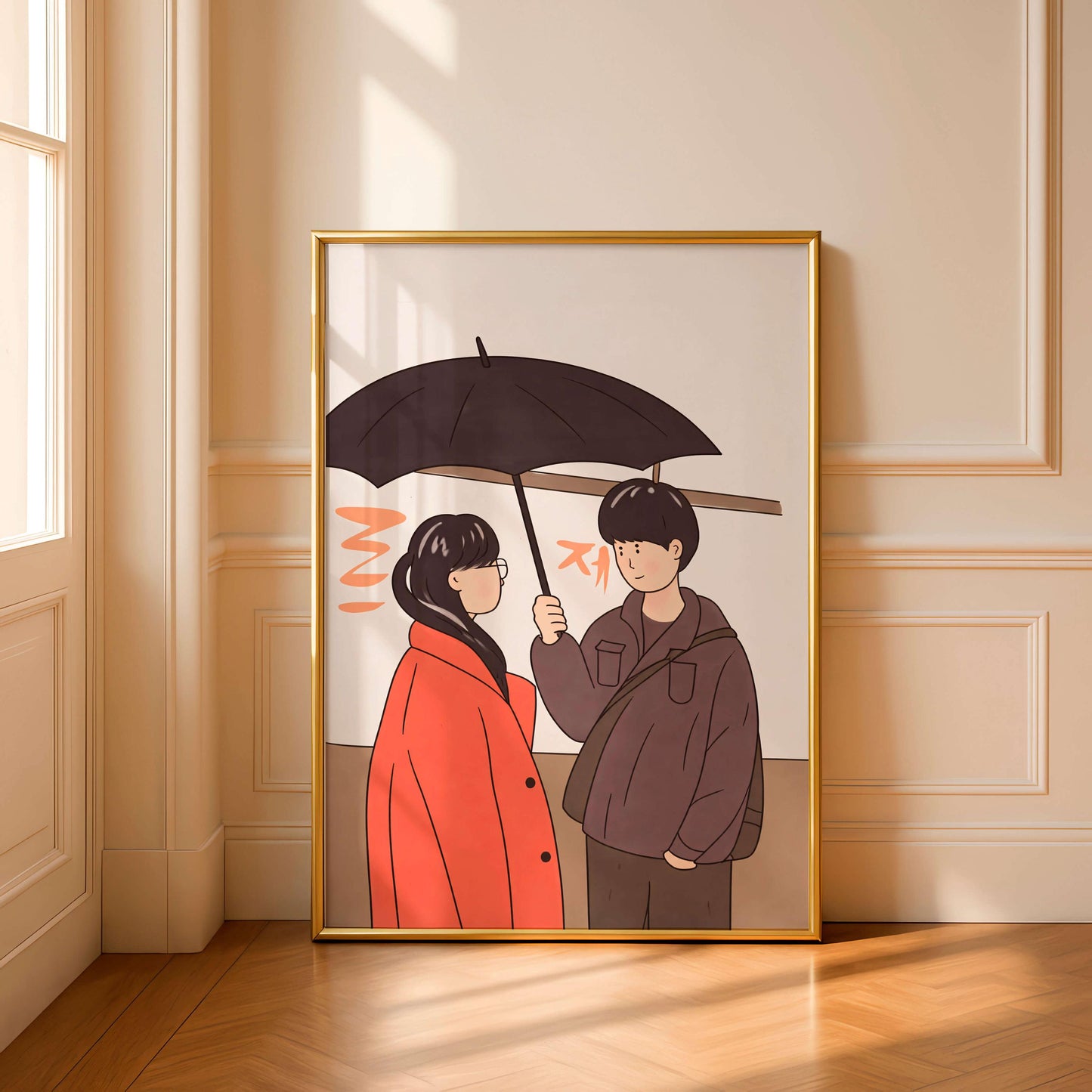 Romantic Couple Under Umbrella Art Print, Anime Style, Art Japannese